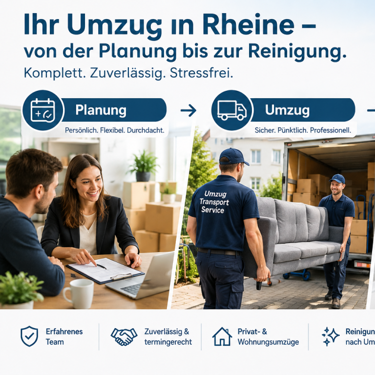 Sie planen einen Umzug in Rheine oder Umgebung? Wir bieten Ihnen einen zuverlässigen Rundum-Service für einen stressfreien Umzug. Von der persönlichen Planung und Organisation über den sicheren Transport Ihrer Möbel und persönlichen Gegenstände bis hin zur sorgfältigen Durchführung übernehmen wir alle wichtigen Schritte. Nach dem Umzug kümmern wir uns auf Wunsch um gründliche Reinigungsarbeiten, damit Ihre alte oder neue Wohnung sauber und bezugsfertig übergeben werden kann. Unser erfahrenes Team arbeitet zuverlässig, sorgfältig und termingerecht. Egal ob Privatumzug, Wohnungswechsel oder kleinerer Umzug: Wir unterstützen Sie professionell von Anfang bis Ende und sorgen dafür, dass Ihr Umzug unkompliziert, sicher und entspannt abläuft. Kontaktieren Sie uns jetzt: Umzug Rheine 48431 | Umzugsunternehmen Rheine | Umzugsservice Rheine | Umzug planen & durchführen | Möbeltransport Umzugshelfer Reinigung na